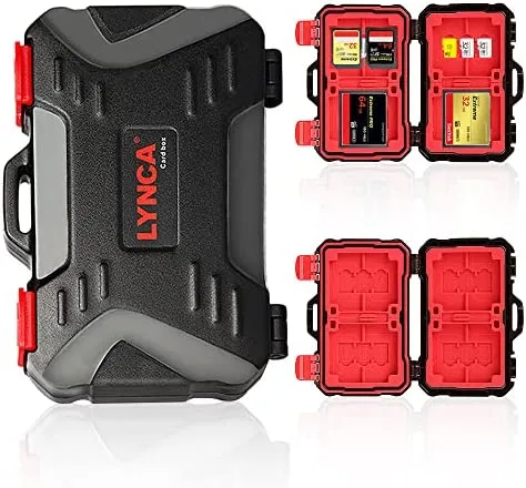LYNCA 36 Slots SD TF CF Memory Card Case Holder Water-Resistant Anti-Shock Carrying Case for 12 SD 6 TF 6 MIM 3 CF 3 XQD & 6 Nano SIM Cards, Compact and Large Capacity Camera Memory Cards Storage Box