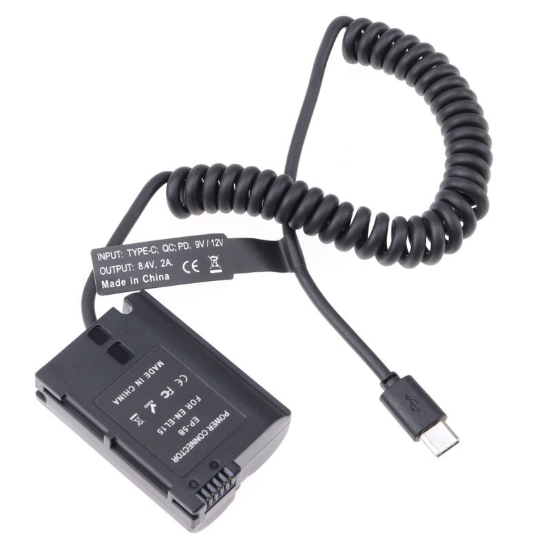 USB-C Type-C to Full Decoded EN-EL15 Dummy Battery Power Adapter Spring Cable