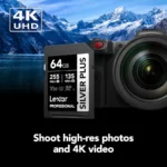 Overview of the Lexar 128GB Silver Plus Memory Card The Lexar 128GB Professional SILVER PLUS UHS-I SDXC Memory Card is a storage device with a capacity of 128GB and can store Full HD, 3D, and 4K/60p videos as well as RAW and burst photography. It is engineered with the UHS-I bus technology and features a speed class rating of V30, guaranteeing that the reading speed does not drop below 30MB/s. If your device does not support the V30 standard, this card also supports the U3 standard, which also guarantees minimum write speeds of 30 MB/s. Read speeds are supported up to 255 MB/s and write speeds max out at 180 MB/s. This card is wearproof, temperature-proof, x-ray proof, vibration-resistant, magnet-proof, shockproof, and drop-proof so you can be confident taking it wherever your shoot takes you. Should the card's data become compromised, you benefit from Lexar Recovery Tool software to recover your files. In the package 1 x Lexar 128GB Professional SILVER PLUS UHS-I SDXC Memory Card